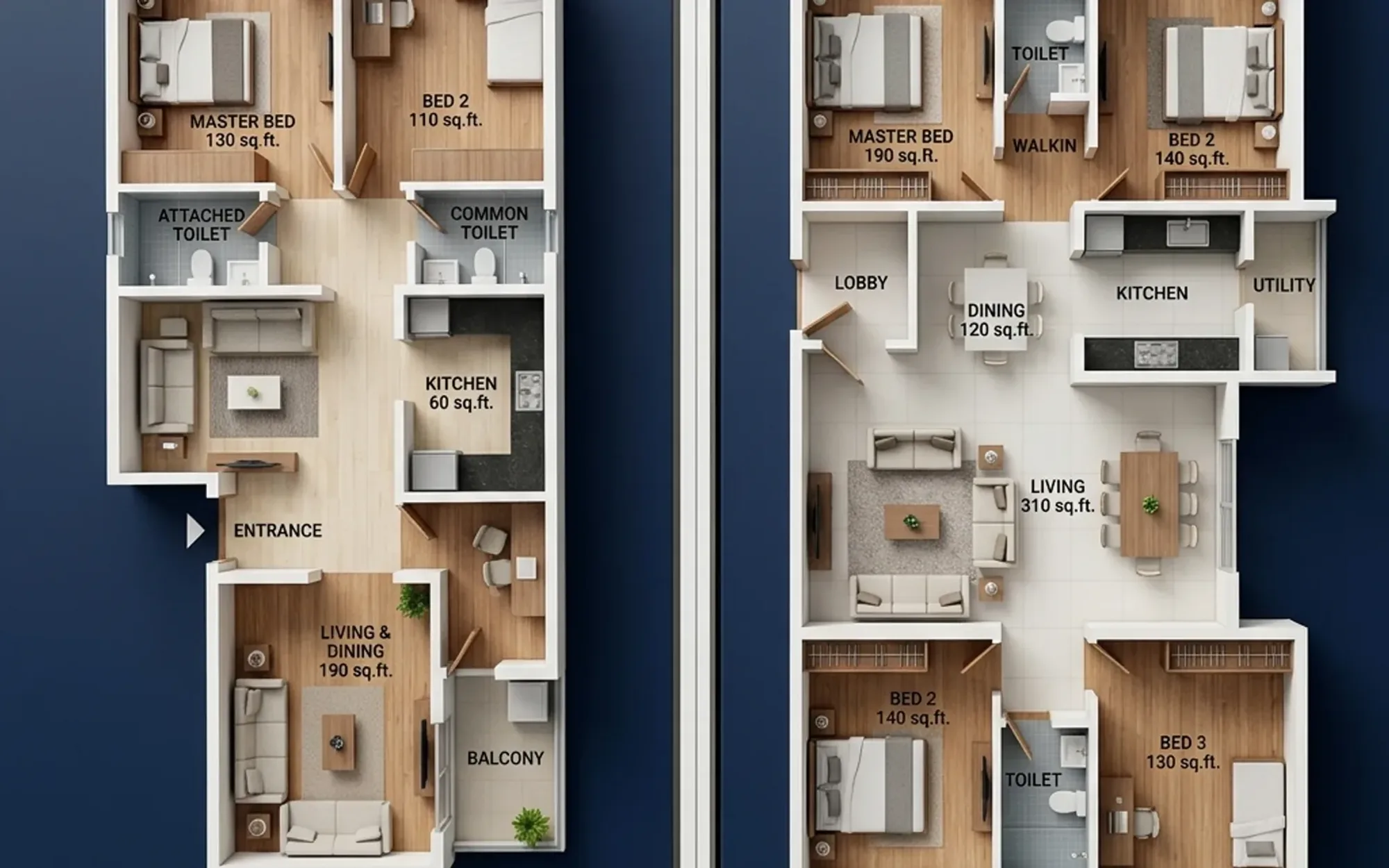 Side-by-side architectural visual comparing practical 2BHK and 3BHK layouts