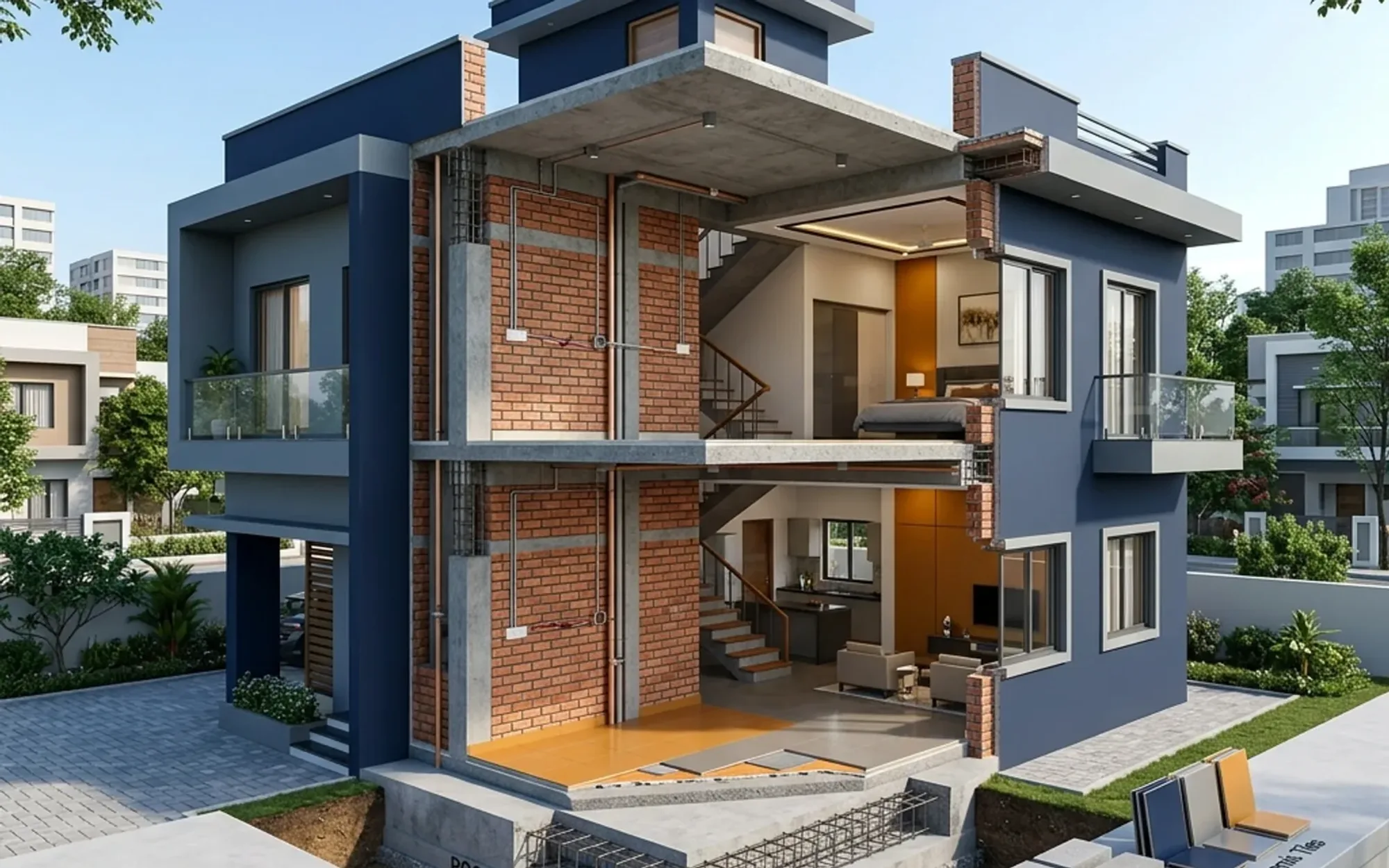 House cutaway showing foundation, structure, masonry, services and finishes