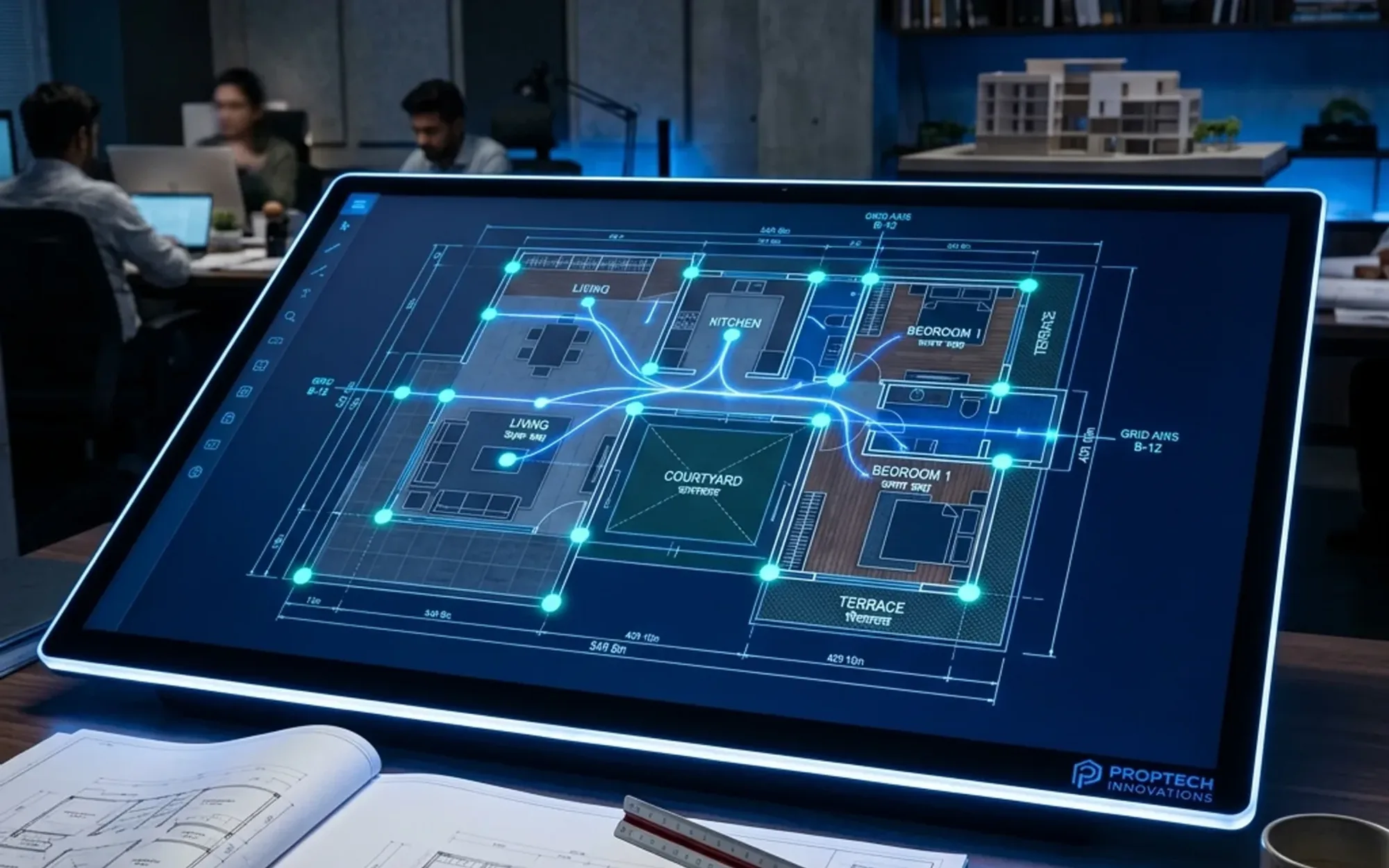 Architectural workspace showing AI-assisted exploration of residential floor-plan options