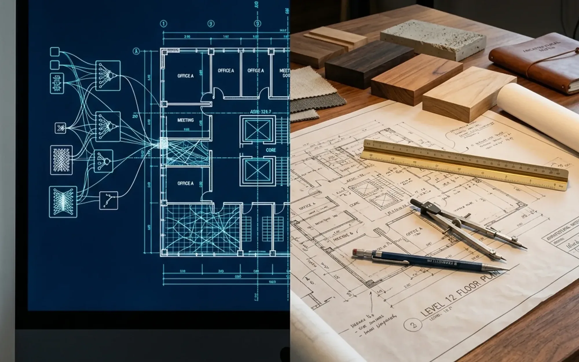 Split architectural workspace comparing AI concept exploration and architect-led plan review
