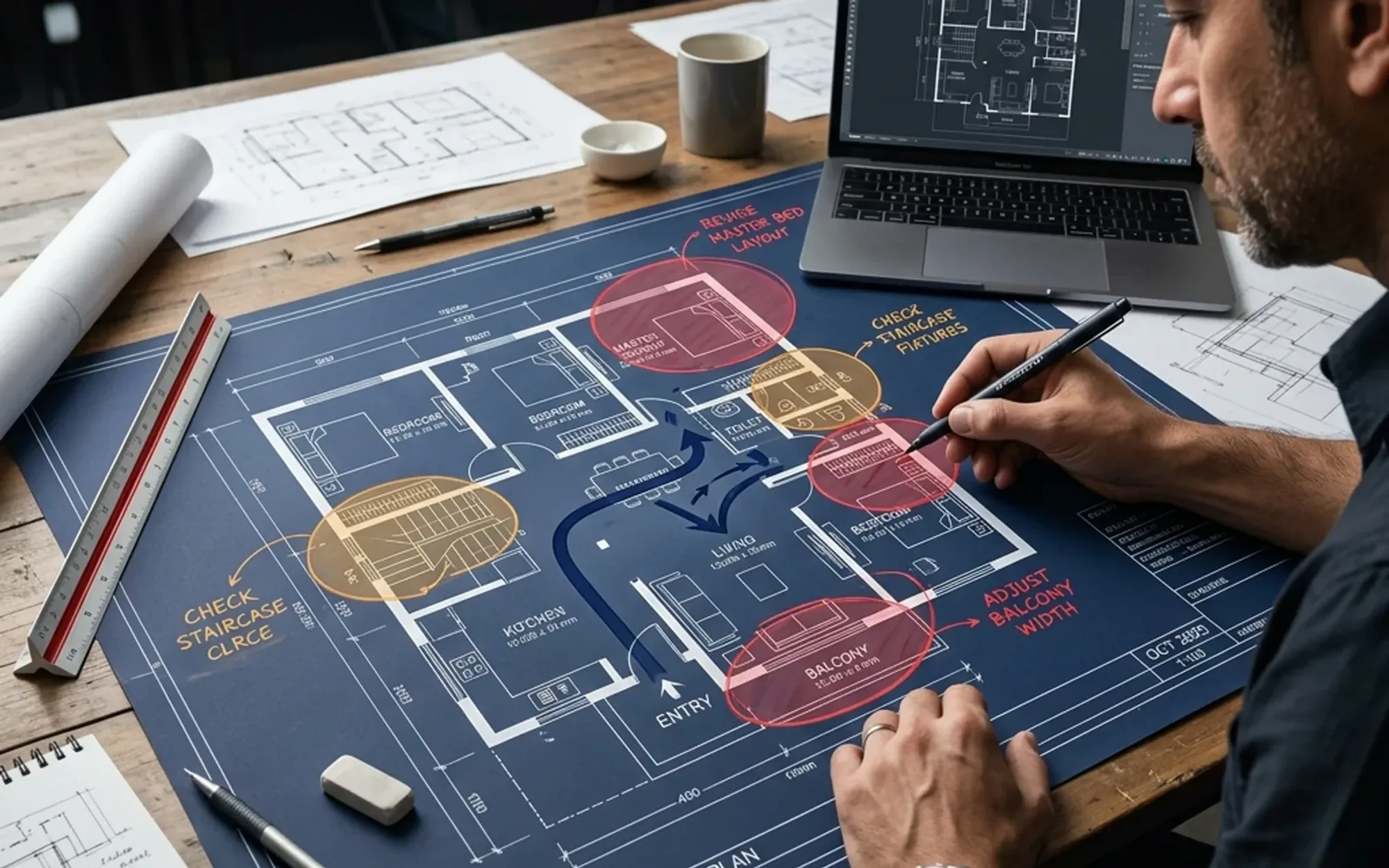 Architectural plan-review scene highlighting five common floor-planning mistakes