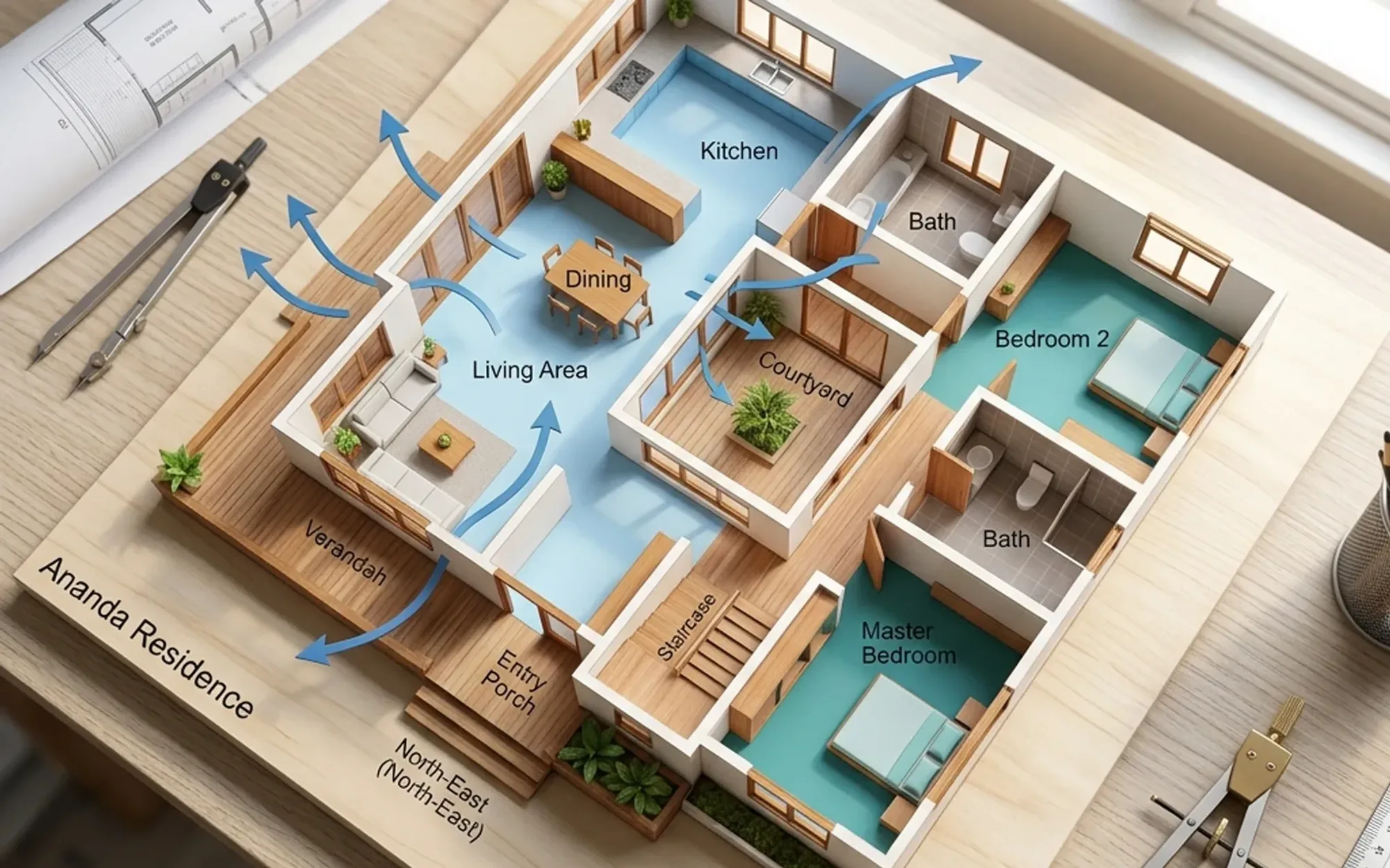 Top-view home-planning visual showing orientation, daylight, ventilation and circulation